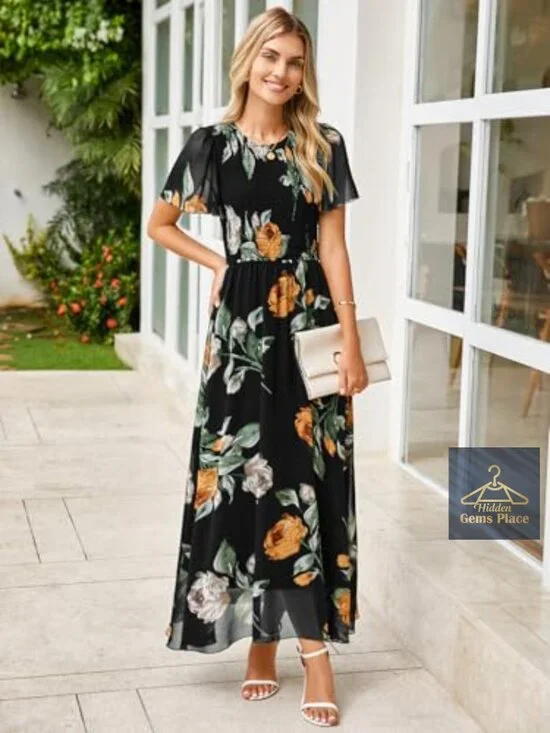 Flowy Chiffon Maxi Dress Smocked Top Flutter Sleeve Summer Boho - Picture 3 of 7